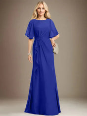 A-line Scoop Floor-Length Chiffon Mother of the Bride Dress With Cascading Ruffles Beading Sequins