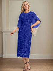 Sheath/Column Scoop Tea-Length Lace Chiffon Mother of the Bride Dress