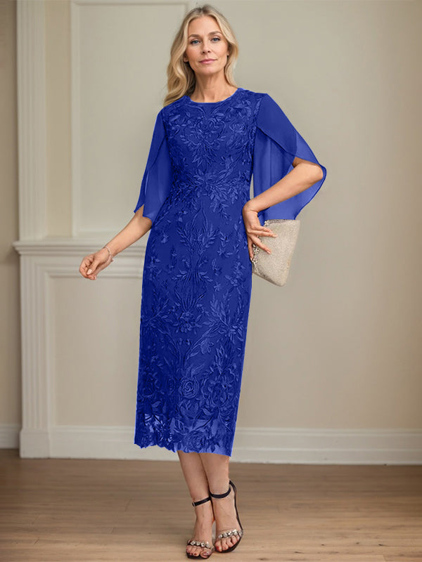 Column Scoop Tea-Length Lace Chiffon Mother of the Bride Dress