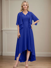 A-line V-Neck Asymmetrical Chiffon Mother of the Bride Dress With Beading Sequins