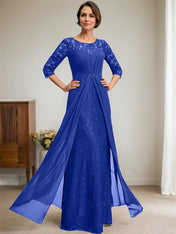 A-Line Scoop Illusion Floor-Length Lace Chiffon Mother Of the Bride Dress With Beading Ruffles