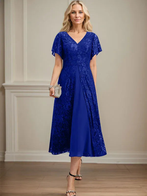 Robe de mère de la mariée en mousseline de soie, coupe trapèze, col en V et longueur thé 