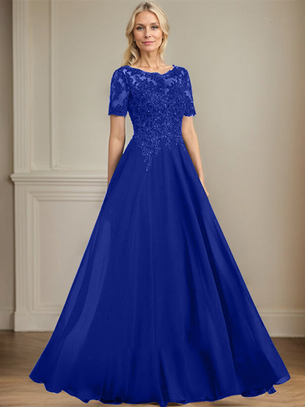A-line Scoop Illusion Floor-Length Chiffon Lace Mother of the Bride Dress With Sequins Beading