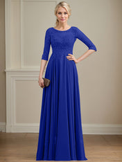 A-line Scoop Illusion Floor-Length Lace Chiffon Mother of the Bride Dress With Sequins