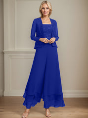 Robe de mère de la mariée en mousseline de soie, longueur cheville, avec sequins, combinaison/tailleur carré 