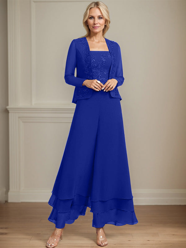 Robe de mère de la mariée en mousseline de soie, longueur cheville, avec sequins, combinaison/tailleur carré 