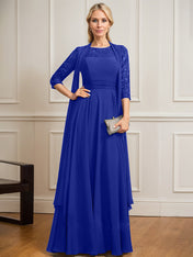 A-line Scoop Illusion Floor-Length Lace Chiffon Mother of the Bride Dress With Pleated