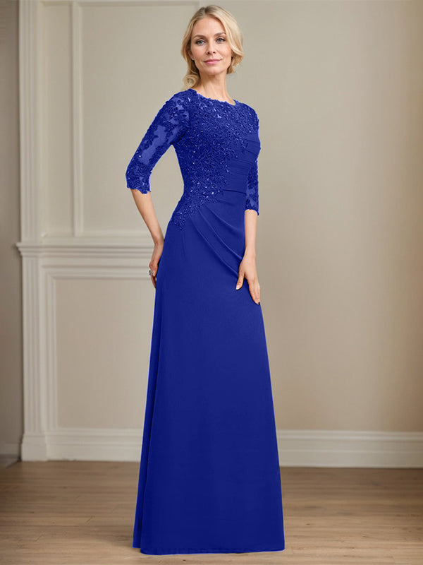 A-line Scoop Floor-Length Chiffon Lace Mother of the Bride Dress With Beading Pleated Sequins