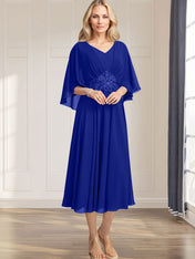 A-line V-Neck Tea-Length Chiffon Mother of the Bride Dress With Pleated Sequins Appliques Lace Beadind