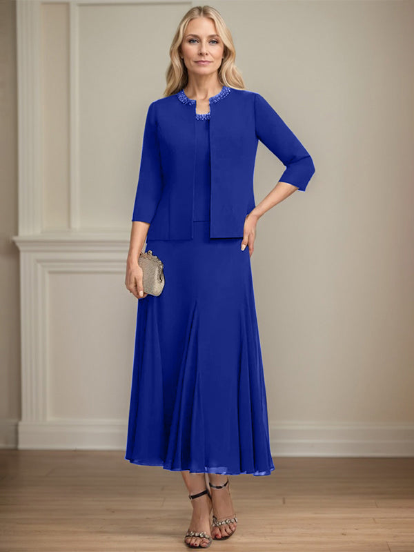 Separates A-line Scoop Tea-Length Chiffon Mother of the Bride Dress With Sequins Beading