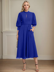 A-line High Neck Tea-Length Lace Chiffon Mother of the Bride Dress With Bow