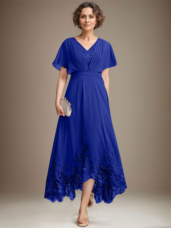 A-line V-Neck Asymmetrical Lace Chiffon Mother of the Bride Dress With Pleated