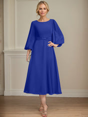 A-line Scoop Tea-Length Chiffon Mother of the Bride Dress With Crystal Brooch Pleated