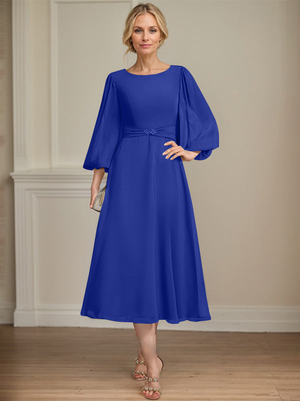 A-line Scoop Tea-Length Chiffon Mother of the Bride Dress With Crystal Brooch Pleated
