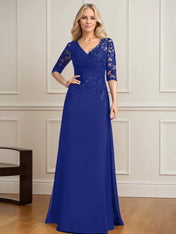 A-line V-Neck Floor-Length Lace Chiffon Mother of the Bride Dress With Pleated Sequins