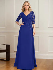 Robe de mère de la mariée trapèze, col en V, longueur au sol, en mousseline de soie et dentelle, avec sequins plissés 
