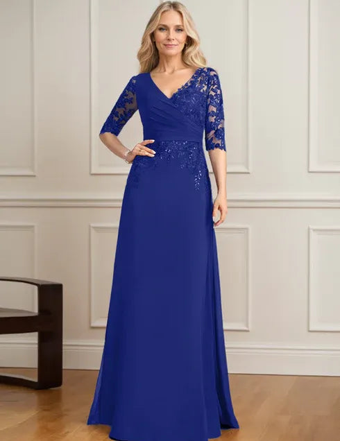 Robe de mère de la mariée trapèze, col en V, longueur au sol, en mousseline de soie et dentelle, avec sequins plissés 