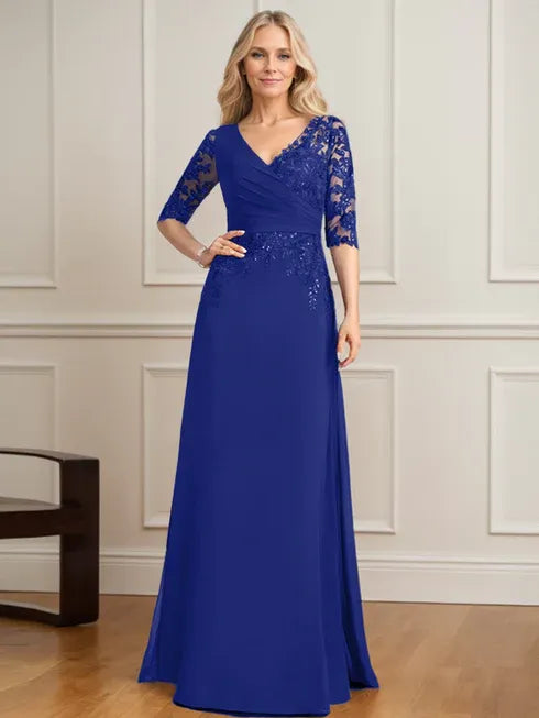 Robe de mère de la mariée trapèze, col en V, longueur au sol, en mousseline de soie et dentelle, avec sequins plissés 