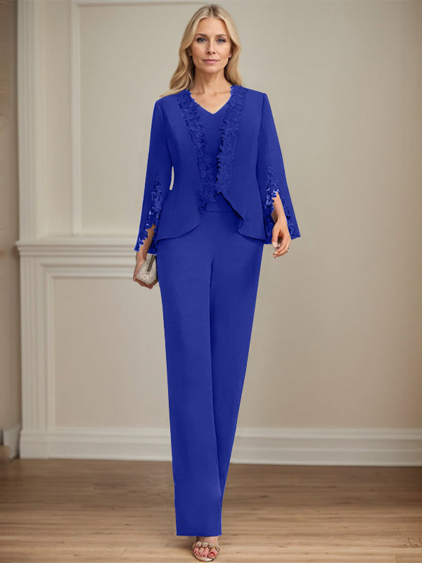 Pantsuit V-Neck Floor-Length Chiffon Mother of the Bride Dress