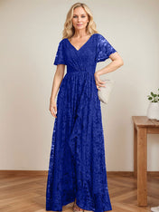 A-Line V-Neck Asymmetrical Lace Mother of the Bride Dress With Cascading Ruffles