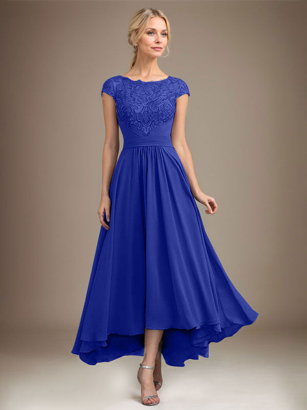 A-line Scoop Illusion Asymmetrical Lace Chiffon Mother of the Bride Dress With Pleated