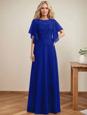 A-line Scoop Illusion Floor-Length Lace Chiffon Mother of the Bride Dress With Sequins