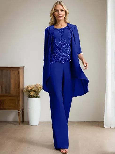 Pantsuit Scoop Floor-Length Chiffon Lace Mother of the Bride Dress With Beading Sequins