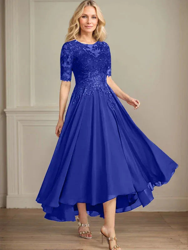Robe de mère de la mariée asymétrique en mousseline de soie et dentelle, coupe trapèze, décolleté en V, illusion, avec paillettes 