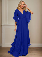 A-line V-Neck Floor-Length Chiffon Mother of the Bride Dress With Sequins Appliques Lace Beading