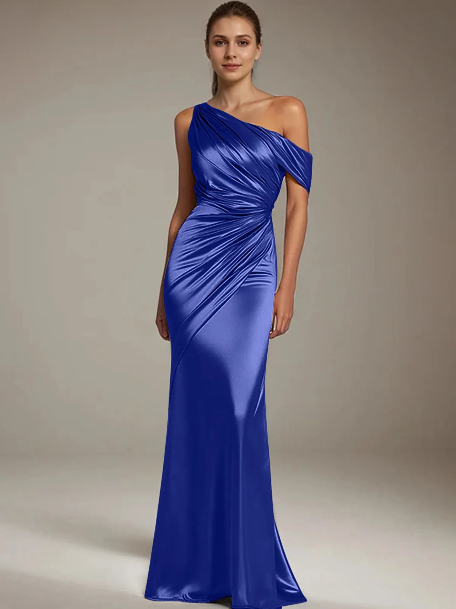 Formal Party Satin Dress Silver One-Shoulder Pleated  Floor-Length Dress