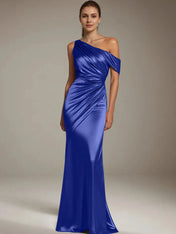 Formal Party Satin Dress Silver One-Shoulder Pleated  Floor-Length Dress