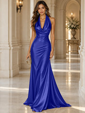 Elegant and Luxurious Cowl-neck Champagne Gold Satin Maxi Dress