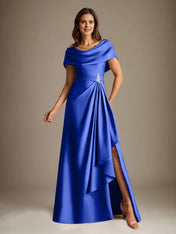 A-Line Scoop Floor-Length Stretch Satin Mother of the Bride Dress With Cascading Ruffles
