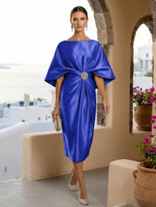 Half Sleeves Mermaid Satin Tea Length Long Evening Dresses with 3D Flower
