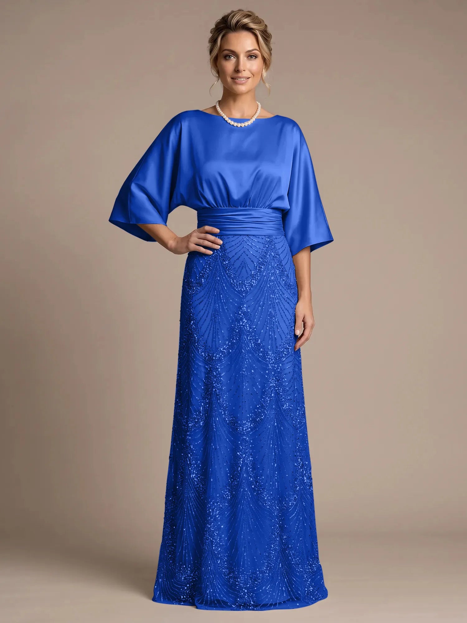 Bateau Neck Satin Evening Gown with 3/4 Batwing Sleeves Mother of The Bride Dresses