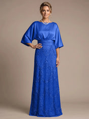 Bateau Neck Satin Evening Gown with 3/4 Batwing Sleeves Mother of The Bride Dresses