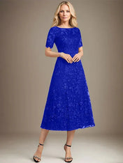 A-line Scoop Illusion Tea-Length Lace Mother of the Bride Dress With Sequins
