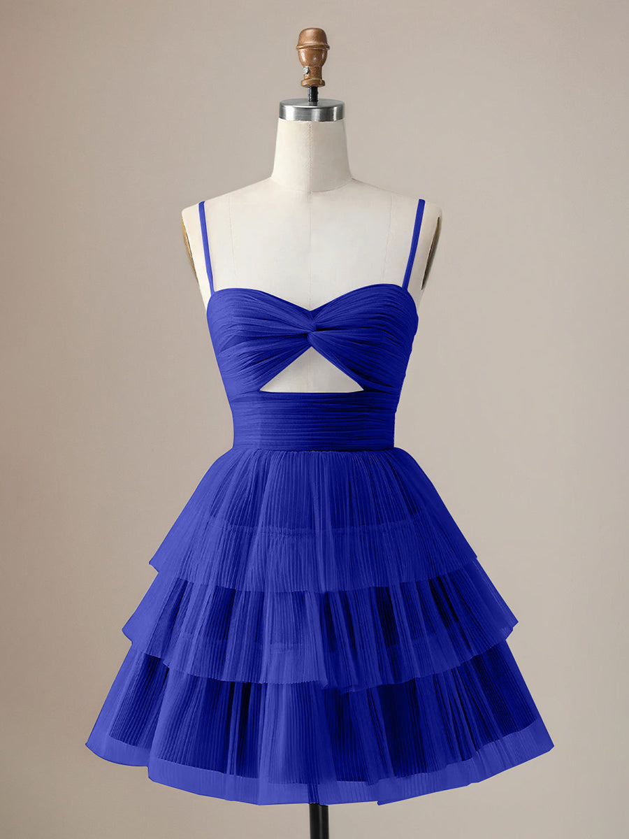 A Line Spaghetti Straps Short Tiered Homecoming Dress with Hollow Out