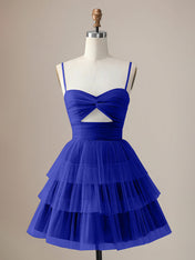 A Line Spaghetti Straps Short Tiered Homecoming Dress with Hollow Out