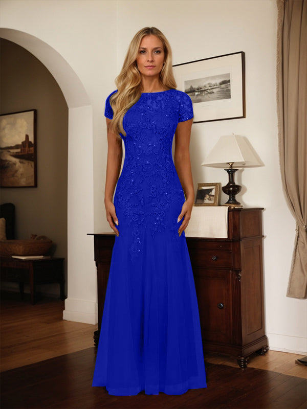 Dark Navy Mermaid Scoop Sequins Tulle Dress