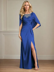 Sheath/Column Satin Scoop Neck Cap Sleeves Floor Length Mother Of The Bride Dresses