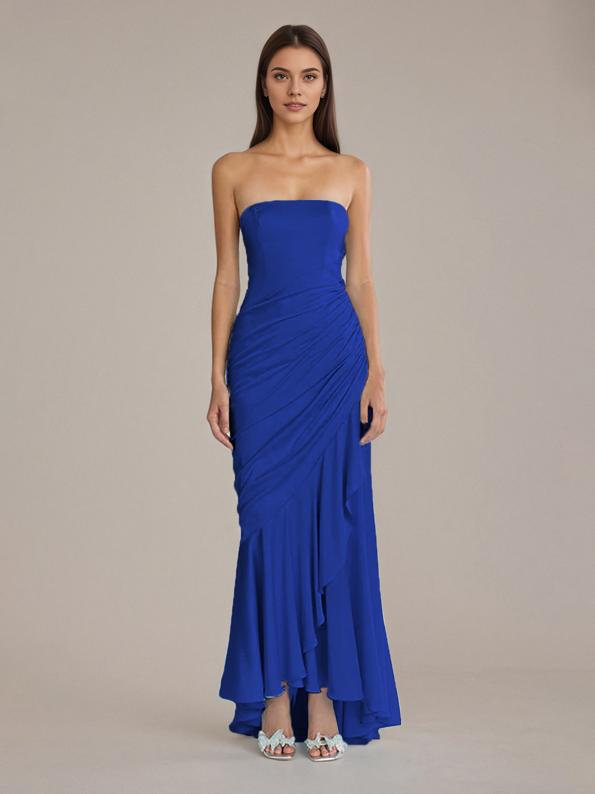 Column Satin Off The Shoulder Sleeveless Floor Length Dresses With Ruffles