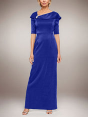 Long Shimmer Column Dress with Foldover Cuff L-Neckline and Elbow Sleeves