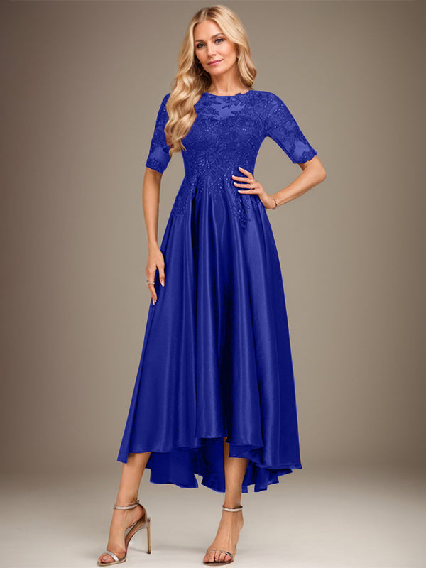 A-line Scoop Illusion Asymmetrical Stretch Satin Lace Mother of the Bride Dress With Sequins