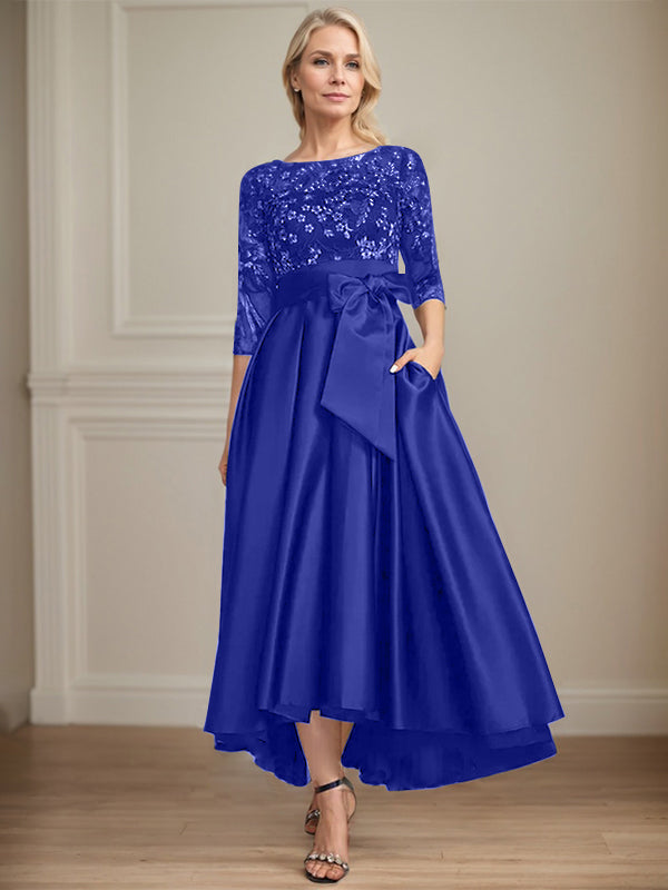 A-line Scoop Illusion Asymmetrical Satin Lace Mother of the Bride Dress With Bow