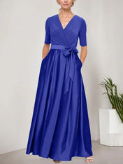 Surplice Neckline Ballgown with Full Satin Skirt & Jersey Bodice