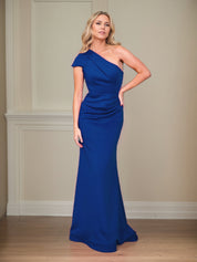 Satin Sheath/Column One Shoulder Short Sleeves Floor Length Mother of the Bride Dresses