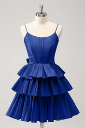 A Line Spaghetti Straps Corset Tiered Ruffle Homecoming Dress with Bow