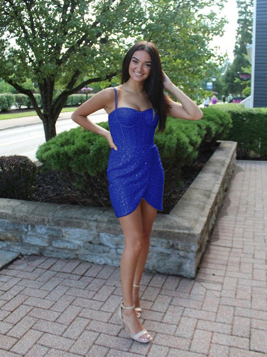 Light Blue Spaghetti Straps Sequin Short Homecoming Dress with Crystals