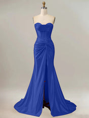 Royal Blue Mermaid Strapless Sweetheart Corset Long Prom Dress with Slit